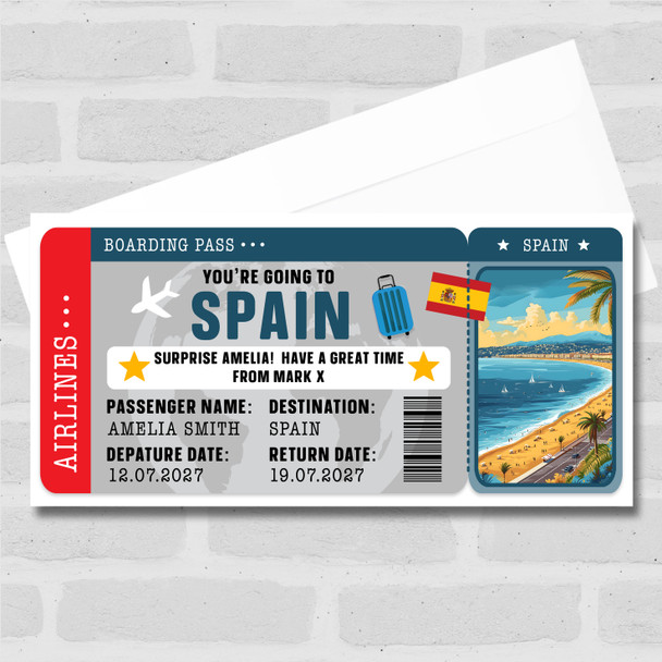 Spain Beach Boarding Pass Personalised Gift Voucher Surprise Holiday Trip Ticket