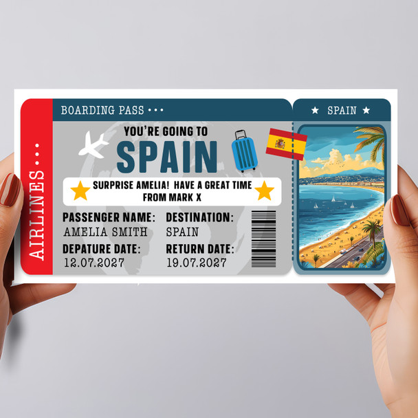 Spain Beach Boarding Pass Personalised Gift Voucher Surprise Holiday Trip Ticket