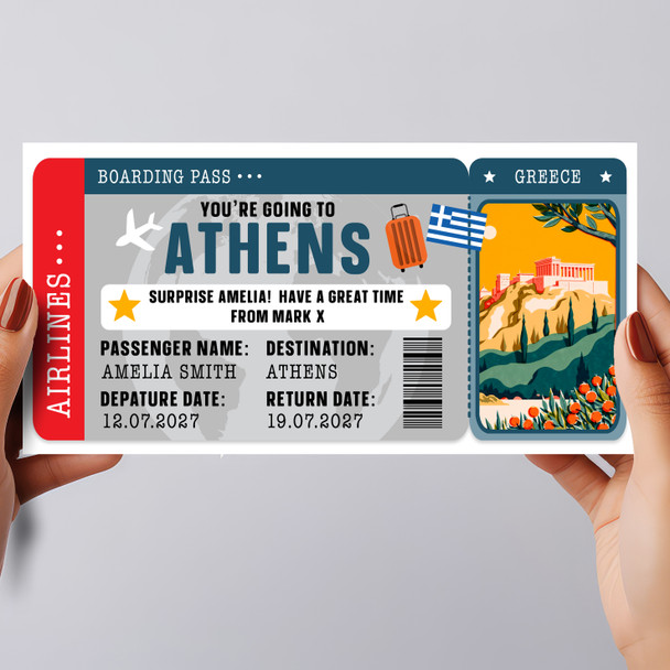 Athens Greece Boarding Pass Personalised Gift Voucher Surprise Break Trip Ticket