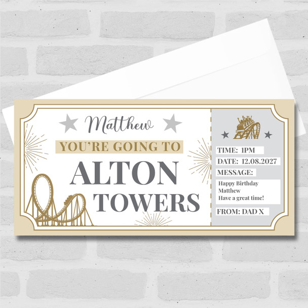 Theme Park Alton Towers Gold Stars Personalised Gift Voucher Surprise Ticket