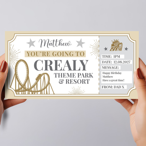 Theme Park Crealy Gold Stars Personalised Gift Voucher Surprise Ticket