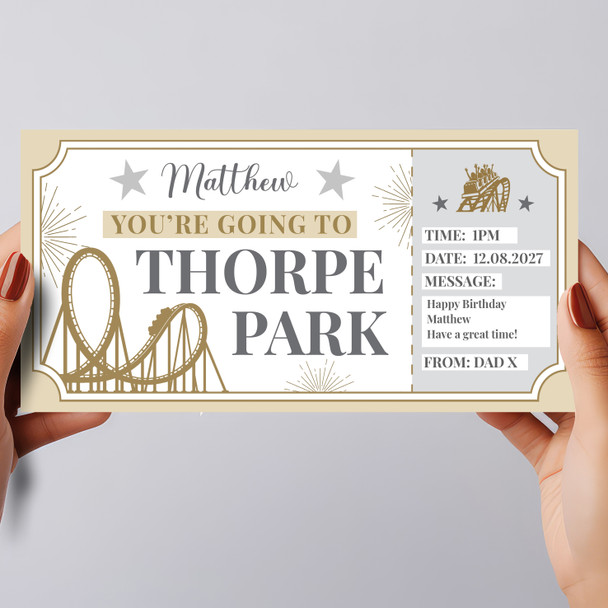 Theme Park Thorpe Park Gold Stars Personalised Gift Voucher Surprise Ticket