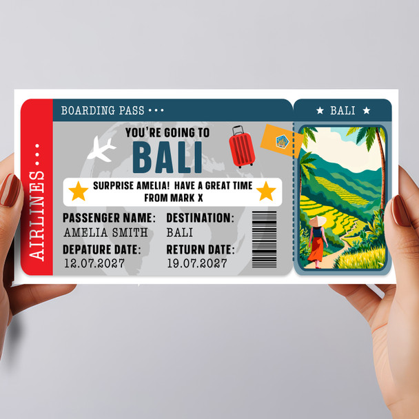 Bali Boarding Pass Personalised Gift Voucher Surprise Holiday Trip Ticket