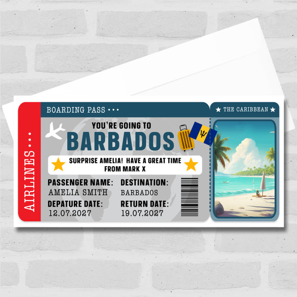 Barbados Caribbean Boarding Pass Personalised Gift Voucher Surprise Trip Ticket