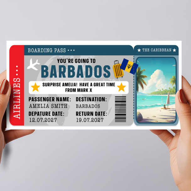 Barbados Caribbean Boarding Pass Personalised Gift Voucher Surprise Trip Ticket