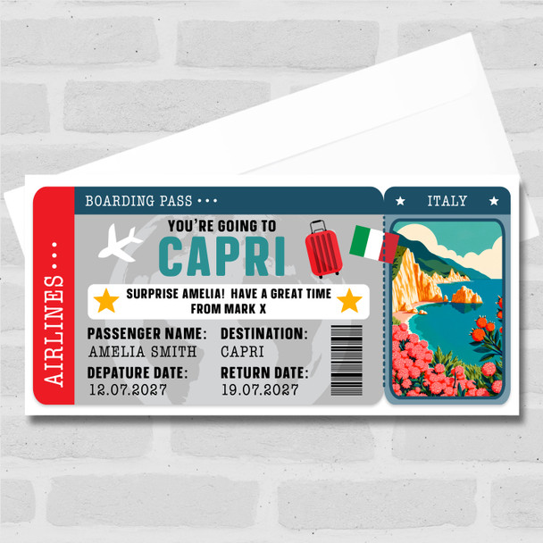 Capri Italy Boarding Pass Personalised Gift Voucher Surprise Holiday Trip Ticket