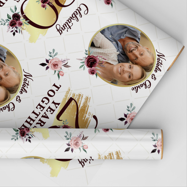 Personalised Wrapping Paper Wedding Anniversary Any Year Floral Gold Round Photo