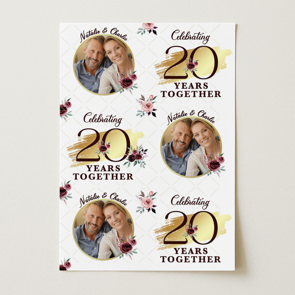 Personalised Wrapping Paper Wedding Anniversary Any Year Floral Gold Round Photo