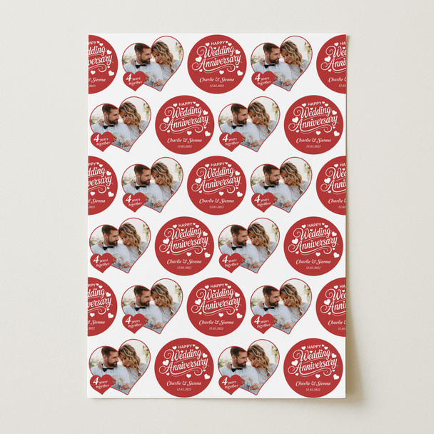 Personalised Wrapping Paper Wedding Anniversary Heart Photo Red Custom Gift Wrap