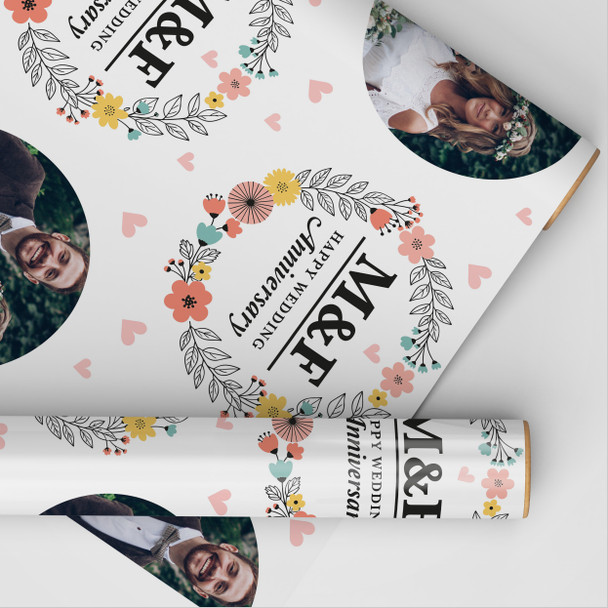Personalised Wrapping Paper Wedding Anniversary Name Initial Floral Photo