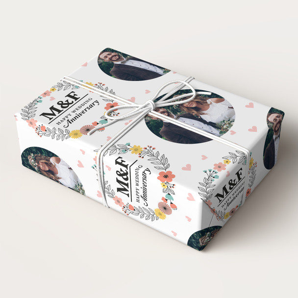Personalised Wrapping Paper Wedding Anniversary Name Initial Floral Photo
