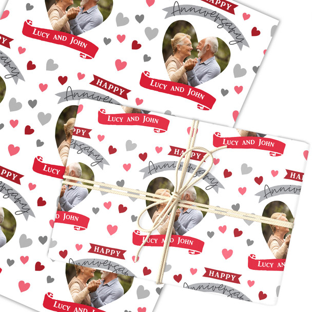 Personalised Wrapping Paper Wedding Anniversary Photo Hearts Banner Red Grey