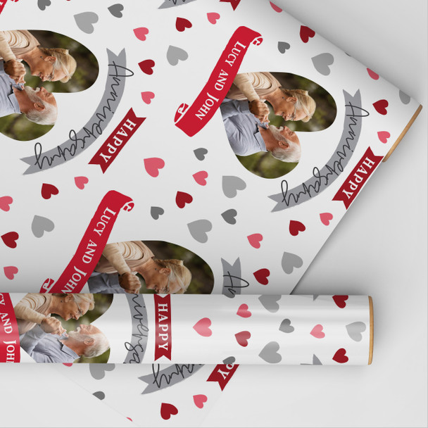 Personalised Wrapping Paper Wedding Anniversary Photo Hearts Banner Red Grey