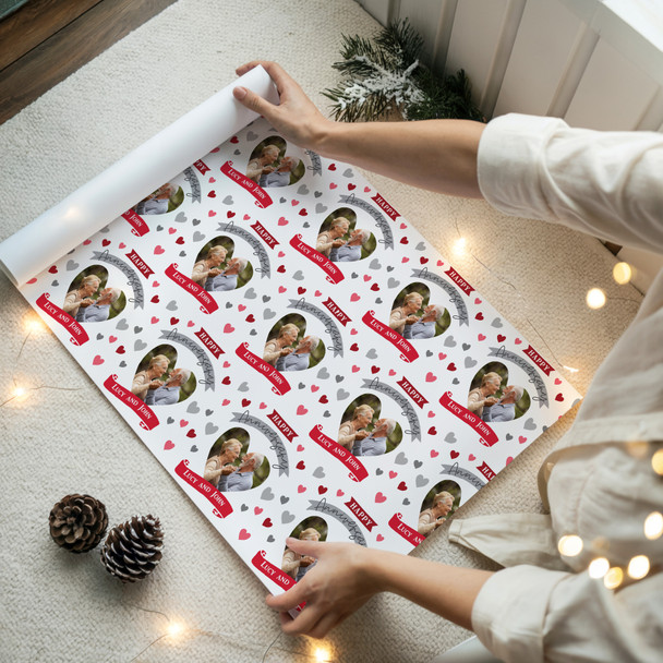 Personalised Wrapping Paper Wedding Anniversary Photo Hearts Banner Red Grey