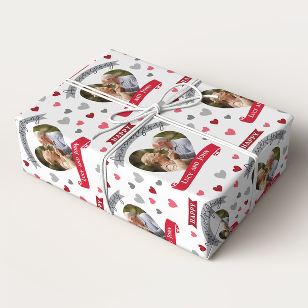 Personalised Wrapping Paper Wedding Anniversary Photo Hearts Banner Red Grey