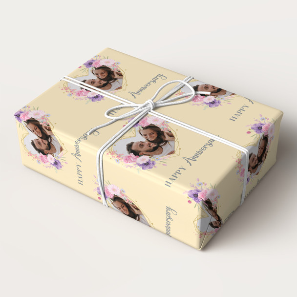 Personalised Wrapping Paper Wedding Anniversary Photo Pink Flowers GoldCream