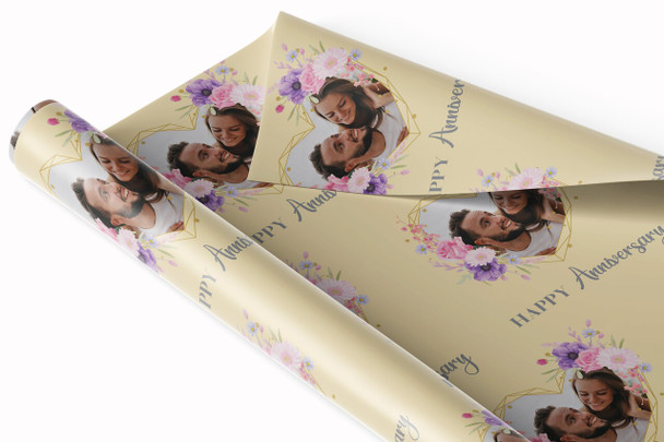 Personalised Wrapping Paper Wedding Anniversary Photo Pink Flowers GoldCream