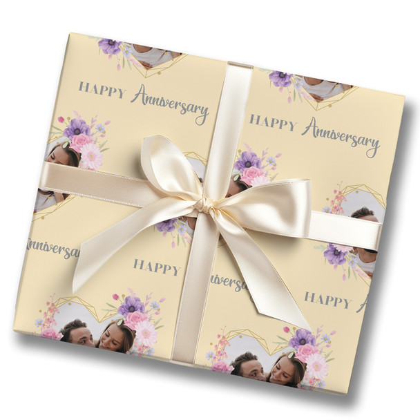 Personalised Wrapping Paper Wedding Anniversary Photo Pink Flowers GoldCream