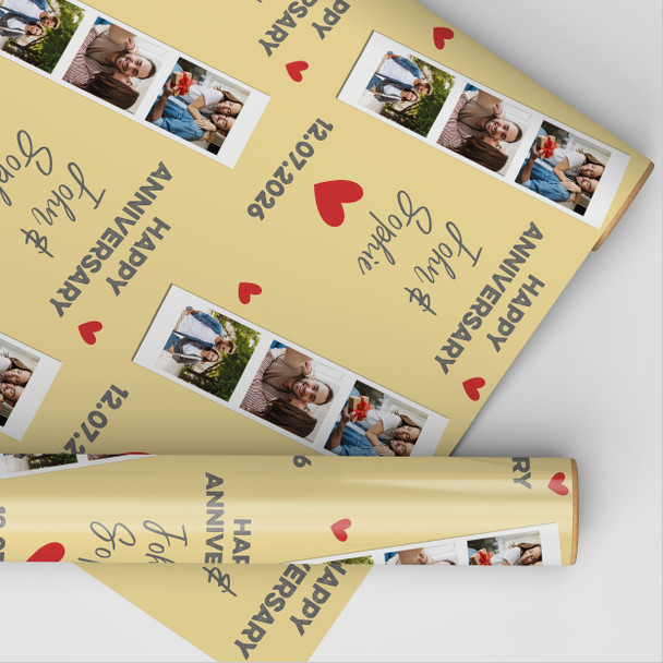 Personalised Wrapping Paper Wedding Anniversary Photo Strip Red Heart Yellow