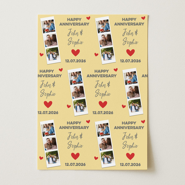 Personalised Wrapping Paper Wedding Anniversary Photo Strip Red Heart Yellow