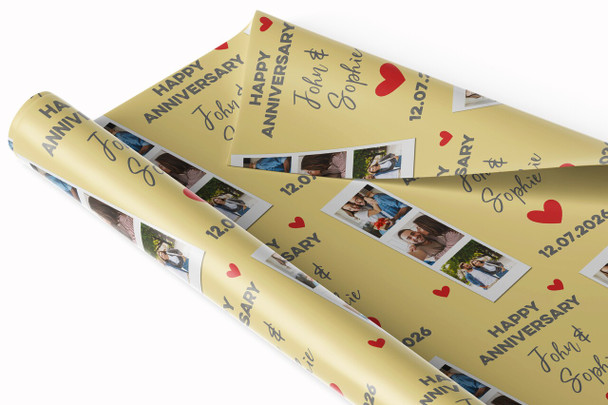 Personalised Wrapping Paper Wedding Anniversary Photo Strip Red Heart Yellow