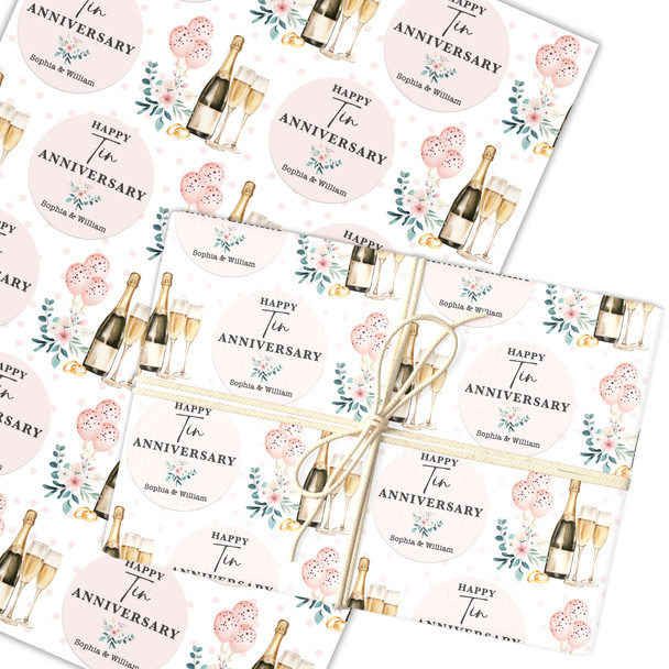 Personalised Wrapping Paper 10th Tin Wedding Anniversary Champagne Glasses