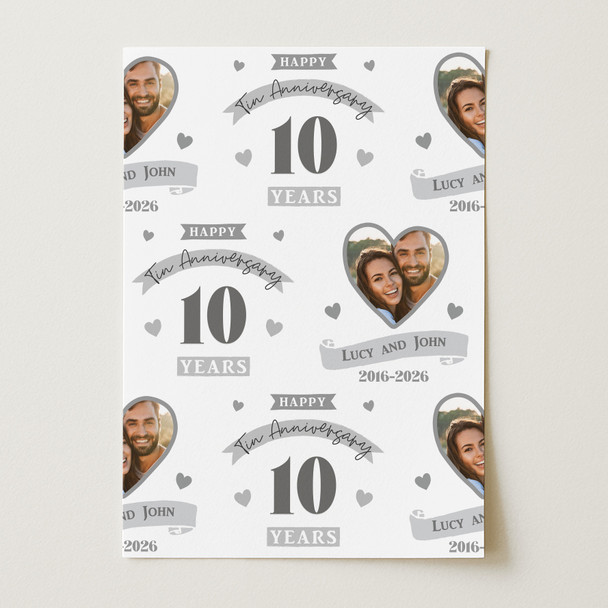 Personalised Wrapping Paper 10th Wedding Anniversary 10 Year Photo Tin Heart