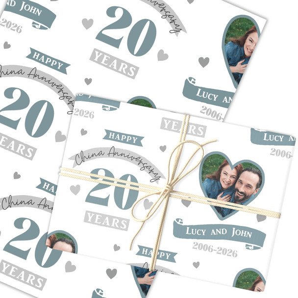 Personalised Wrapping Paper 20th Wedding Anniversary 20 Year Photo China Heart