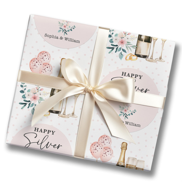Personalised Wrapping Paper 25th Silver Wedding Anniversary Floral Champagne