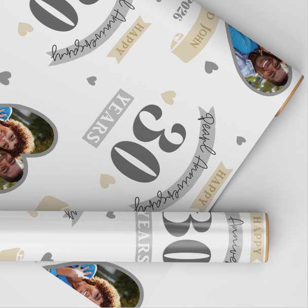 Personalised Wrapping Paper 30th Wedding Anniversary 30 Year Photo Pearl Heart
