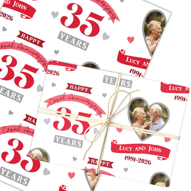 Personalised Wrapping Paper 35th Wedding Anniversary 35 Year Photo Coral Heart