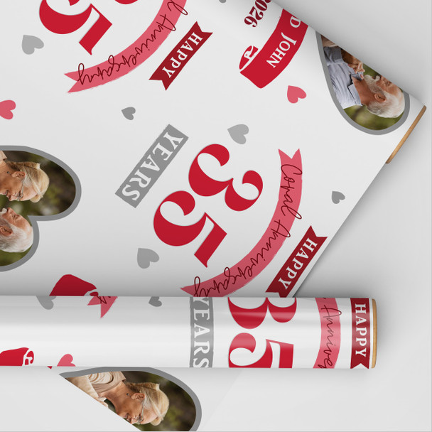 Personalised Wrapping Paper 35th Wedding Anniversary 35 Year Photo Coral Heart