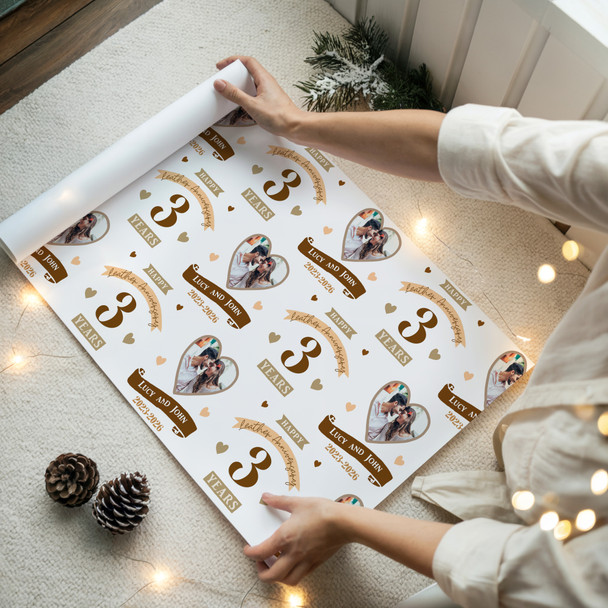 Personalised Wrapping Paper 3rd Wedding Anniversary 3 Year Photo Leather Heart