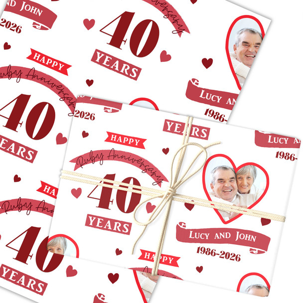Personalised Wrapping Paper 40th Wedding Anniversary 40 Year Photo Ruby Heart