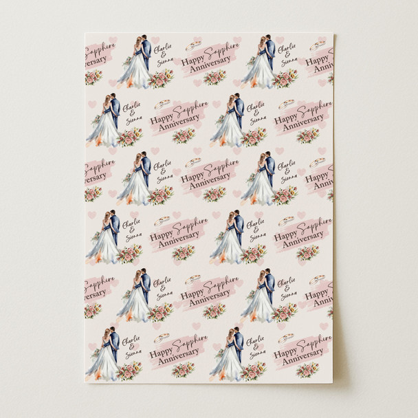 Personalised Wrapping Paper 45th Sapphire Wedding Anniversary Watercolour Couple