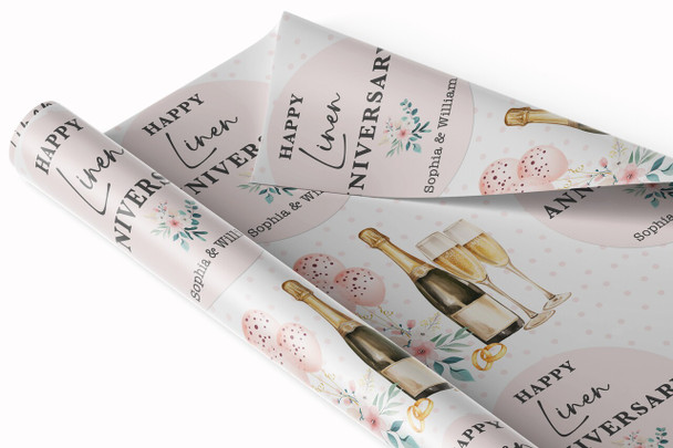 Personalised Wrapping Paper 4th Linen Wedding Anniversary Floral Champagne