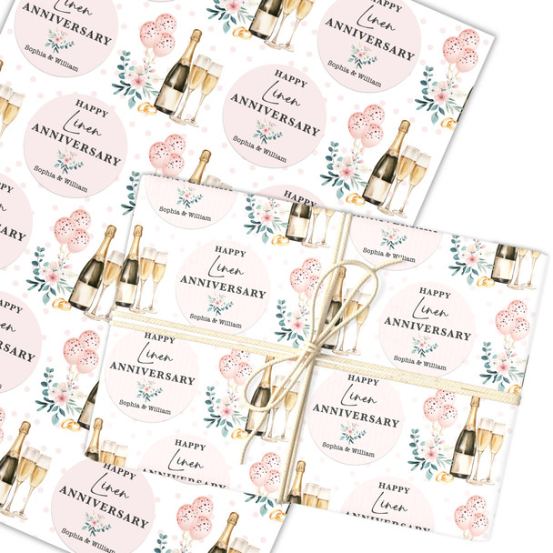Personalised Wrapping Paper 4th Linen Wedding Anniversary Champagne Glasses