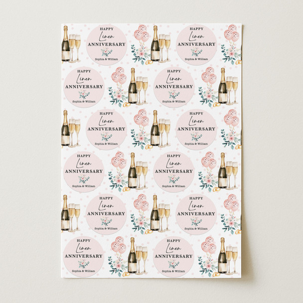 Personalised Wrapping Paper 4th Linen Wedding Anniversary Champagne Glasses