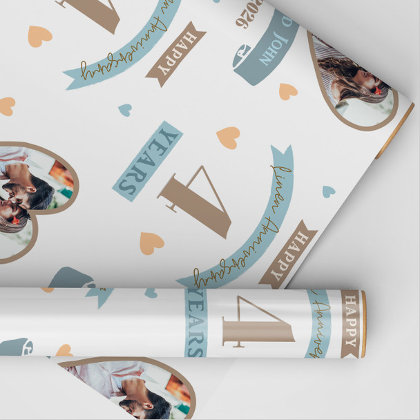 Personalised Wrapping Paper 4th Wedding Anniversary 4 Year Photo Linen Heart