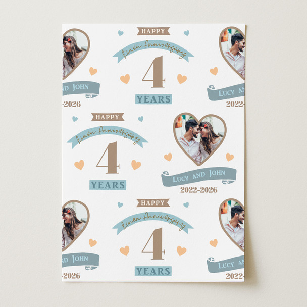 Personalised Wrapping Paper 4th Wedding Anniversary 4 Year Photo Linen Heart