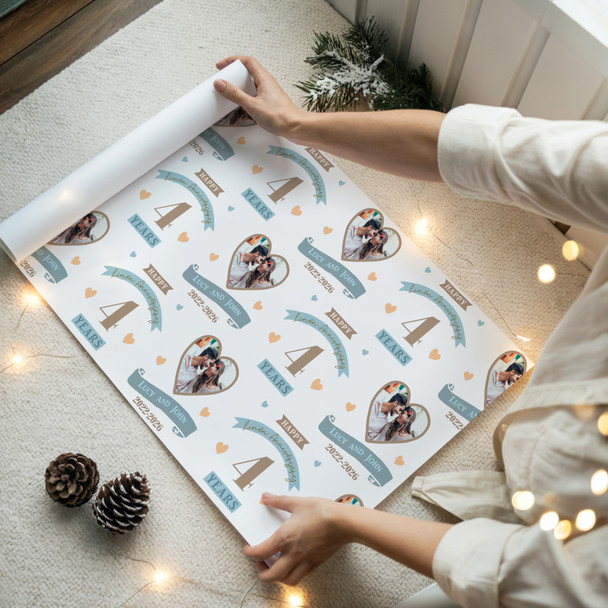 Personalised Wrapping Paper 4th Wedding Anniversary 4 Year Photo Linen Heart