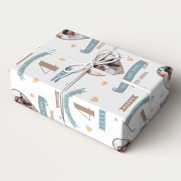 Personalised Wrapping Paper 4th Wedding Anniversary 4 Year Photo Linen Heart