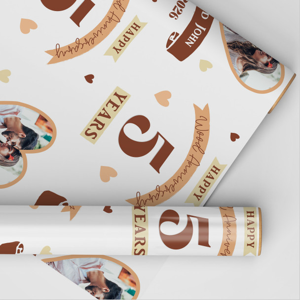 Personalised Wrapping Paper 5th Wedding Anniversary 5 Year Photo Wood Heart