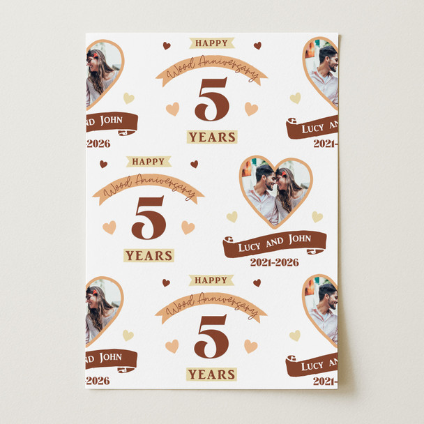 Personalised Wrapping Paper 5th Wedding Anniversary 5 Year Photo Wood Heart