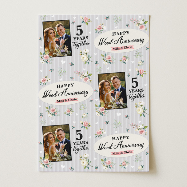 Personalised Wrapping Paper 5th Wood Wedding Anniversary Floral Photo Gift Wrap