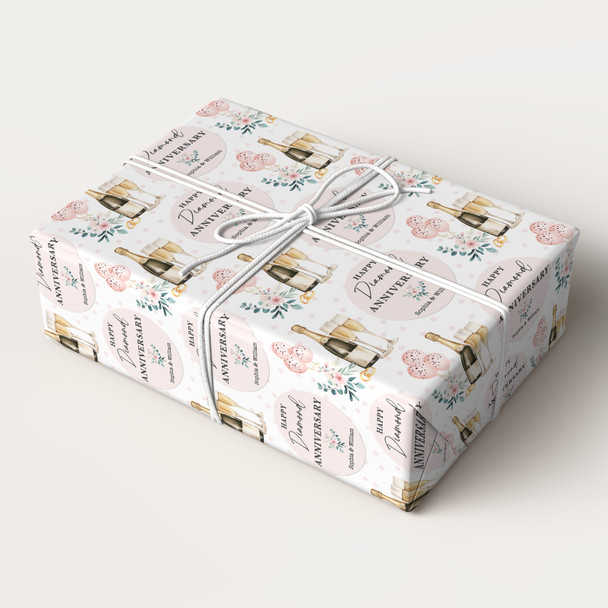 Personalised Wrapping Paper 60th Diamond Wedding Anniversary Champagne Glasses