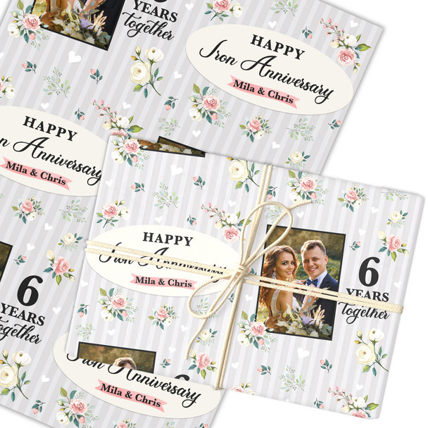 Personalised Wrapping Paper 6th Iron Wedding Anniversary Floral Photo Gift Wrap