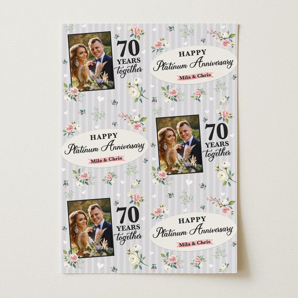 Personalised Wrapping Paper 70th Platinum Wedding Anniversary Floral Photo