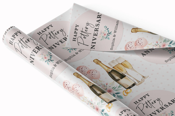 Personalised Wrapping Paper 9th Pottery Wedding Anniversary Floral Champagne