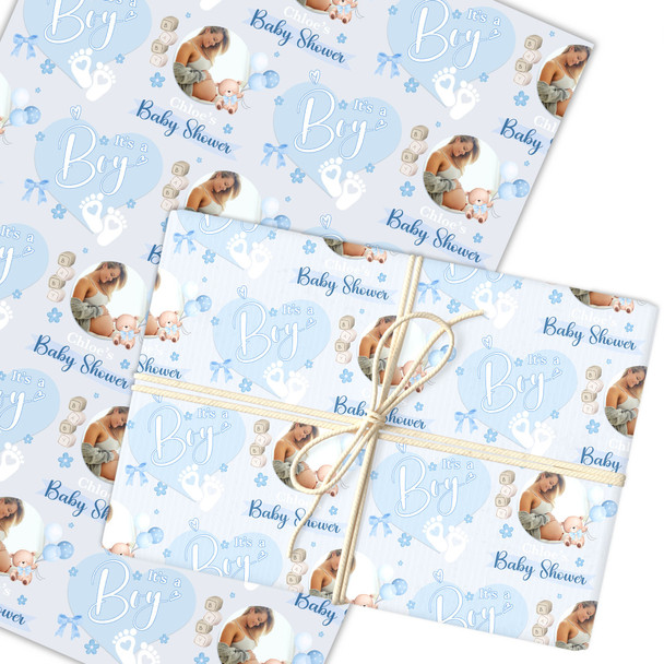 Personalised Wrapping Paper Baby Shower Blue It's A Boy Photo Gender Reveal